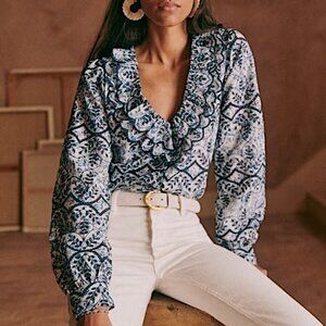 Sézane Oceana Ruffle Eyelet Lace Floral Blue/White Blouse Size 38 US6
